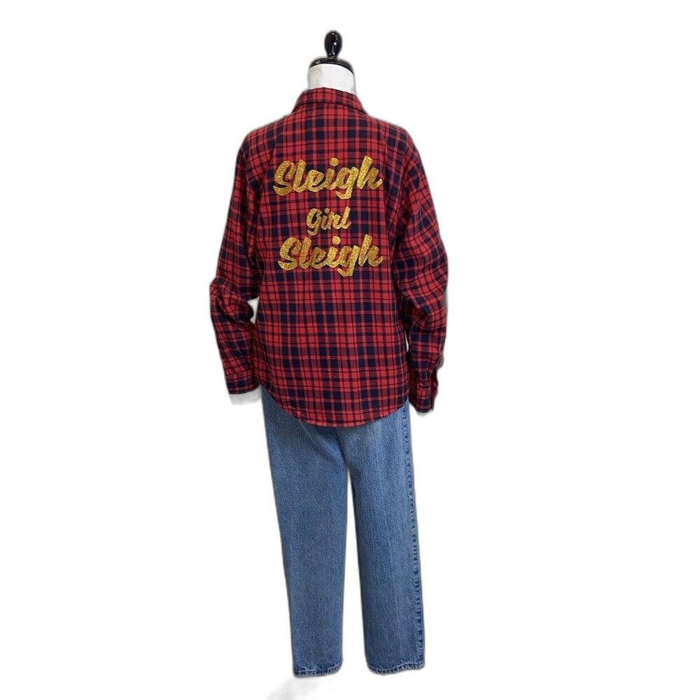 Sleigh Girl Sleigh Christmas Shirt Womens Large Red Plaid Long Sleeve Buttons
